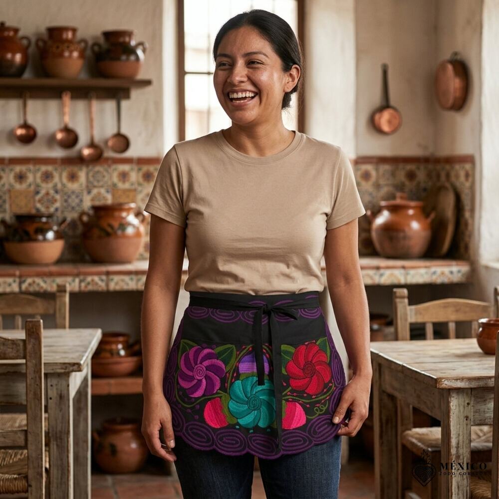 Mexican Embroidered Waist Apron – Floral Pocket Design, Traditional Tie Apron